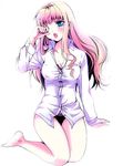  bad_id bad_pixiv_id black_bra black_panties blue_eyes bra breasts chikenpig cleavage kneeling long_hair macross macross_frontier medium_breasts panties pink_hair sheryl_nome simple_background solo underwear yawning 