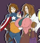  1girl bag breasts brown_eyes brown_hair candy captain_america captain_america_(cosplay) cosplay covered_nipples cow_girl cropped ego_trigger flat_color food glasses gloves halloween holster huge_breasts long_hair long_skirt marvel matsu-sensei matt_(ego_trigger) mattie_(ego_trigger) necktie original raised_eyebrow ribbed_sweater shield shopping_bag short_hair skirt sweater teacher tengen_toppa_gurren_lagann yoko_littner yomako yomako_(cosplay) 