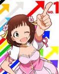  amami_haruka brown_hair choker from_above green_eyes hand_on_hip idolmaster idolmaster_(classic) kidachi one_eye_closed open_mouth pointing short_hair solo 
