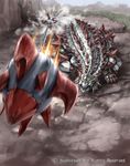  bushiroad cannon_fire_dragon_sledgeankylo cardfight!!_vanguard claws dinosaur dust mecha motion_blur no_humans official_art spikes tail tomo_(machinemess) tree 