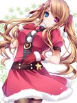  blue_eyes blush breasts brown_hair christmas gloves hair_ornament hairclip heterochromia highres large_breasts long_hair looking_at_viewer moneti_(daifuku) original purple_eyes red_gloves smile solo star star_hair_ornament thighhighs twintails 