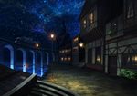  bad_id bad_pixiv_id building ground_vehicle half-timbered house lamppost night night_sky no_humans original pavement reflection scenery sky star_(sky) starry_sky train tree 