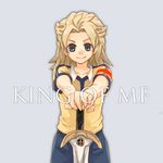  armband blonde_hair blue_eyes english fusion inazuma_eleven_(series) inazuma_eleven_go inazuma_eleven_go_chrono_stone kojou_shion long_hair male_focus matsukaze_tenma matsukaze_tenma_(mixi_max_arthur_ou) raimon simple_background soccer_uniform solo sportswear sword weapon 