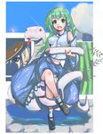  bare_shoulders blush breasts crossed_legs detached_sleeves frog_hair_ornament green_eyes green_hair hair_ornament hair_tubes kochiya_sanae long_hair medium_breasts midriff moriya_suwako multiple_girls navel open_mouth ribbon short_hair sitting skirt smile snake snake_hair_ornament tatwuku touhou 