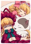  aka_(s3637) blonde_hair bow cat closed_eyes dress drill_hair flower hair_bow highres hina_ichigo long_hair lying multiple_girls on_back pink_bow red_flower red_rose rose rozen_maiden shaded_face shinku sleeping smile twintails 