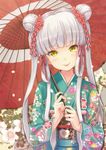  :p blush double_bun floral_print hair_ornament highres holding hyuuga_azuri japanese_clothes kanzashi kimono long_hair looking_at_viewer nail_polish new_year obi oriental_umbrella original sash sayagata silver_hair slit_pupils solo tongue tongue_out tsumami_kanzashi umbrella upper_body yellow_eyes 