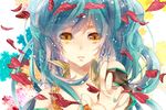  aqua_hair detached_sleeves face hatsune_miku long_hair nail_polish petals solo tears togashi_(choco-bakama_kitchen) vocaloid yellow_eyes 