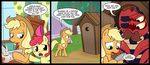  amber_eyes apple apple_bloom_(mlp) applejack_(mlp) arachnid arthropod blonde_hair bow clothing coffee comic cowboy_hat cub cup dialog dialogue english_text equine eye_patch eyewear female feral friendship_is_magic fruit green_eyes hair hat horse madmax male mammal my_little_pony newspaper outhouse pony red_hair spider steam text tree young 