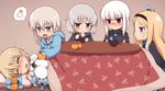  aleksandra_i_pokryshkin alternate_costume between_breasts blonde_hair blue_eyes blush bow bowl brave_witches breasts brown_hair chopsticks covered_nipples drooling eating eila_ilmatar_juutilainen fang food fruit glasses green_eyes grey_hair hair_bow heidimarie_w_schnaufer kagami_mochi kotatsu large_breasts long_hair mandarin_orange mochi multiple_girls nikka_edvardine_katajainen null_(nyanpyoun) open_mouth oppai_mochi panties purple_eyes red_eyes sanya_v_litvyak short_hair sleeping strike_witches sweater table tonttu under_kotatsu under_table underwear wagashi white_panties world_witches_series 