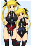  :o age_difference arm_around_neck arm_behind_back armband bangs bare_shoulders belt black_gloves black_legwear blonde_hair blue_background blush breasts breasts_apart buckle cameltoe covered_nipples cowboy_shot dual_persona fate_testarossa fingerless_gloves gauntlets gloves groin hair_ribbon halterneck hand_on_another's_shoulder hand_on_own_stomach highleg highleg_leotard highres large_breasts leotard light_smile long_hair looking_at_another looking_at_viewer loose_belt lyrical_nanoha magical_girl mahou_shoujo_lyrical_nanoha mahou_shoujo_lyrical_nanoha_a's mahou_shoujo_lyrical_nanoha_strikers mahou_shoujo_lyrical_nanoha_the_movie_2nd_a's multiple_girls open_mouth parted_bangs pelvic_curtain red_eyes ribbon shichimenchou sidelocks simple_background small_breasts smile thighhighs time_paradox turtleneck twintails very_long_hair 