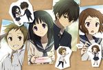  2girls black_hair brown_hair chibi chitanda_eru fukube_satoshi gakuran green_eyes hyouka ibara_mayaka long_hair multiple_boys multiple_girls oreki_houtarou paper_airplane pink_eyes purple_eyes rito453 school_uniform serafuku short_hair 