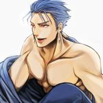  bad_id bad_pixiv_id bare_shoulders blue_hair earrings fate/stay_night fate_(series) jewelry lancer long_hair male_focus mitsuki_mitsuno muscle ponytail red_eyes solo undressing 