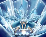  blue blue_eyes blue_hair bow cirno energy_ball evil_grin evil_smile grin hair_bow ice ice_wings mary_janes shoes smile solo takon34 touhou wings 
