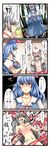  4koma blue_eyes blue_hair bow breasts censored comic convenient_censoring exploding_clothes fujiwara_no_mokou hat highres kamishirasawa_keine large_breasts long_hair multiple_girls nude open_mouth red_eyes silver_hair spit_take spitting tenko_(gintenko) touhou translated 