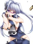  blush breasts cleavage dual_wielding glasses groin highres holding large_breasts long_hair looking_at_viewer moneti_(daifuku) original pointing pointing_at_viewer purple_eyes red-framed_eyewear shell_casing silver_hair smile solo unzipped 