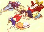  4boys black_hair blonde_hair blue_hair earrings eustass_captain_kid eustass_captain_kidd goggles hat helmet jacket jewelry killer_(one_piece) male male_focus monkey_d_luffy multiple_boys one_piece polka_dot_shirt raglan_sleeves red_hair shirt sleeping straw_hat supernova trafalgar_law vest 