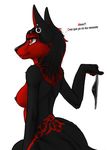  back black_body black_fur breasts canine countershading ear_piercing female fur hair mammal markings nipple_piercing nipples nnecgrau nude piercing plain_background pose red_countershading red_eyes red_fur red_markings solo spanish_text text underwear undressing white_background wolf zoe 