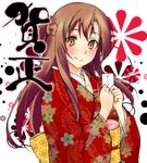  absurdres asuna_(sao) brown_eyes brown_hair burakura-jpg highres japanese_clothes kimono long_hair new_year solo sword_art_online 