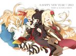  3girls :d ^_^ ankle_lace-up azami_(kagerou_project) bandages black_hair blonde_hair blush closed_eyes cross-laced_footwear dress flower hair_flower hair_ornament happy happy_new_year hug kagerou_project kozakura_marry kozakura_shion long_hair md5_mismatch mother_and_daughter multiple_girls new_year nori9605 open_mouth red_eyes ribbon smile souzou_forest_(vocaloid) 