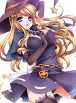  black_panties blonde_hair blue_eyes blush bow breasts chain cleavage dress elbow_gloves garters gloves halloween hat heterochromia highres jack-o'-lantern large_breasts long_hair looking_at_viewer moneti_(daifuku) open_mouth original panties pumpkin purple_eyes solo thighhighs underwear witch_hat 