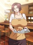  1girl bar breasts brown_eyes brown_hair chair coffee cup gaden glasses hair_up housewife kitchen large_breasts milf sakuragi_reiko smile spoon 