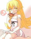  barefoot blonde_hair doughnut dress eighth_note fang food himarisu_(hida_mari) long_hair monogatari_(series) musical_note open_mouth oshino_shinobu pastry_box sitting solo spoken_musical_note strap_slip yellow_eyes 