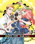  2013 2boys aqua_eyes arm_up bad_id bad_pixiv_id black_hair blue_eyes brown_hair cat elle_mel_martha food fruit gears glasses happy_new_year japanese_clothes julius_will_kresnik kimono ludger_will_kresnik lulu_(tales) mako_(ikuji-san) mandarin_orange multicolored_hair multiple_boys new_year obi orange sash smile tales_of_(series) tales_of_xillia tales_of_xillia_2 two-tone_hair white_hair yellow_background 