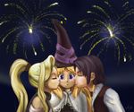  2girls aerial_fireworks amoretta_virgine bartido_ballentyne black_hair blonde_hair cheek_kiss closed_eyes double_cheek_kiss fireworks grimgrimoire hat kiss lillet_blan long_hair mario_grant multiple_girls orange_hair ponytail purple_eyes sandwiched wizard_hat 