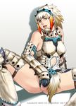  1girl armor azasuke bare_shoulders barioth_(armor) breasts brown_eyes capcom censored fingering highres looking_at_viewer masturbation monster_hunter monster_hunter_3 multicolored_hair open_mouth pussy short_hair sitting solo spread_legs sweat 