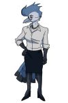  2018 alpha_channel anthro avian beak biped bird blue_jay clothed clothing corvid digital_media_(artwork) dress_shirt feathers female footwear high_heels jewelry muttonchomp necklace shirt shoes simple_background skirt smile solo standing transparent_background 