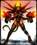  aggressive angry animal_ears anthro blasters breasts cat cat_ears catgirl clothing colored crotch feline female fight fire flamethrower gun hair invalid_tag legwear looking_at_viewer mammal neurodyne outfit plain_background ranged_weapon solo standing stockings tiger underwear weapon wings 