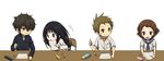  2girls black_hair brown_eyes brown_hair chair chibi chitanda_eru fukube_satoshi gakuran green_eyes hyouka ibara_mayaka long_hair multiple_boys multiple_girls oreki_houtarou paper pencil pink_eyes purple_eyes rito453 school_uniform serafuku short_hair table 