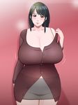  1girl black_hair blush bouncing_breasts bra bra_strap breasts cleavage curvy flying_tree_frog head_tilt hips huge_breasts milf miniskirt mole see-through skirt solo standing underwear undressing wide_hips 