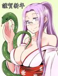  breasts cleavage fate/stay_night fate_(series) glasses huge_breasts japanese_clothes kimono long_hair new_year ponytail purple_eyes purple_hair rider snake solo very_long_hair wide_ponytail zanku 
