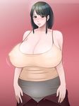  1girl black_hair blush bouncing_breasts breasts cleavage erect_nipples flying_tree_frog hips huge_breasts milf miniskirt mole nipples see-through skirt solo standing tank_top tanktop undressing wide_hips 
