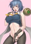  blue_hair breasts bridal_gauntlets brown_eyes covered_nipples dated groin jewelry large_breasts marguerite_(unlight) midriff navel necktie open_mouth pants pants_pull pulled_by_self ring robot saliva short_hair slender_waist solo sweater unlight vasily_(run211) 