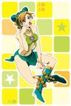  :p akanbe blonde_hair blue_eyes blue_hair boots braid double_bun green_lipstick highres jojo_no_kimyou_na_bouken kuujou_jolyne lipstick makeup midriff multicolored_hair skirt solo stone_ocean tazbun tongue tongue_out two-tone_hair 