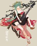  body_writing flower garters geta green_hair guitar hair_ornament hair_over_one_eye hatsune_miku highres instrument japanese_clothes kimono lace legs_apart long_hair plectrum sarashi simple_background solo tuukouninnn twintails vocaloid 