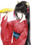  black_hair fan folding_fan hair_ornament holding japanese_clothes kimono long_hair miyabi_akino obi original red_eyes sash smile solo very_long_hair 
