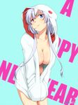  blue_background blue_eyes blush breasts cleavage hands_in_pockets hanging_breasts happy_new_year heterochromia hood hoodie large_breasts lavolpe_(yagisaka_seto) long_hair looking_at_viewer naked_hoodie new_year original purple_eyes sidelocks silver_hair simple_background smile solo yagisaka_seto 