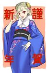  blonde_hair capcom_fighting_jam flower fur_trim hair_bun hair_flower hair_ornament hairpods hand_on_hip highres ingrid japanese_clothes kimono long_hair looking_at_viewer new_year obi open_mouth red_eyes salute sash sketch solo tetsu_(kimuchi) 