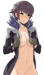  bernhard_(unlight) blush breasts brown_hair cleavage coat covering fur_trim genderswap genderswap_(mtf) gloves green_eyes groin kurowa large_breasts naked_coat navel short_hair solo unlight 