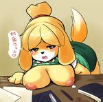  anthro artist_request big_breasts blonde_hair blush breasts brown_eyes canine dog doubutsu_no_mori female furry hair huge_breasts inverted_nipples isabelle_(animal_crossing) lactating lactation leaking mammal nintendo nipples shizue_(animal_crossing) shizue_(doubutsu_no_mori) solo teal_clothing teal_skirt translated translation_request unknown_artist video_games 