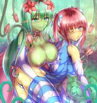  bare_shoulders blue_eyes blush bow bowtie breast_press breasts choker elbow_gloves flower gloves green_eyes green_hair green_skin hair_bow hand_under_clothes huge_breasts long_hair monster_girl multiple_girls nude open_mouth original panties plant_girl pussy_juice pussy_juice_stain red_hair ronald_(takeronald) skin_tight striped striped_legwear tentacles thighhighs twintails underwear wet wet_clothes wet_panties wince yuri 