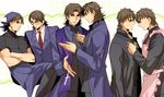  apron brown_eyes brown_hair cassock dressing fate/stay_night fate/tiger_colosseum fate/zero fate_(series) formal glasses head_scarf jewelry kotomine_kirei multiple_boys multiple_persona necklace necktie pinki_(shounenkakuseiya) scarf sensha_otoko stole suit younger 