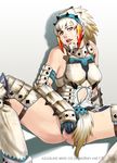  1girl armor azasuke bare_shoulders barioth_(armor) breasts brown_eyes capcom censored cum cum_on_hair facial fingering highres looking_at_viewer masturbation monster_hunter monster_hunter_3 multicolored_hair open_mouth pussy short_hair sitting solo spread_legs sweat 