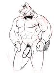  bow_tie canine collar cuffs facial_hair flaccid male mammal muscles nipples penis poop_(artist) smile solo wolf 