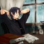  arms_behind_head asagi-2580 bad_id bad_pixiv_id black_hair blue_hair cigarette cup desk fate/zero fate_(series) male_focus matou_byakuya necktie rain solo steam wavy_hair wince window 