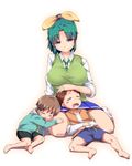  2boys barefoot blush bon_(moegomi) breasts brother_and_sister brothers brown_hair closed_eyes family green_eyes green_hair green_neckwear hand_on_another's_head large_breasts long_hair midorikawa_kouta midorikawa_nao midorikawa_yuuta multiple_boys nanairogaoka_middle_school_uniform necktie no_shoes open_mouth ponytail precure school_uniform shorts siblings skirt sleeping sleeves_rolled_up smile smile_precure! socks sweater_vest 