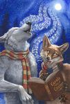  ambiguous_gender anthro blotch canine caroling duo eyes_closed fox fur mammal moon music musical_note night outside scarf singing white_fur winter wolf 